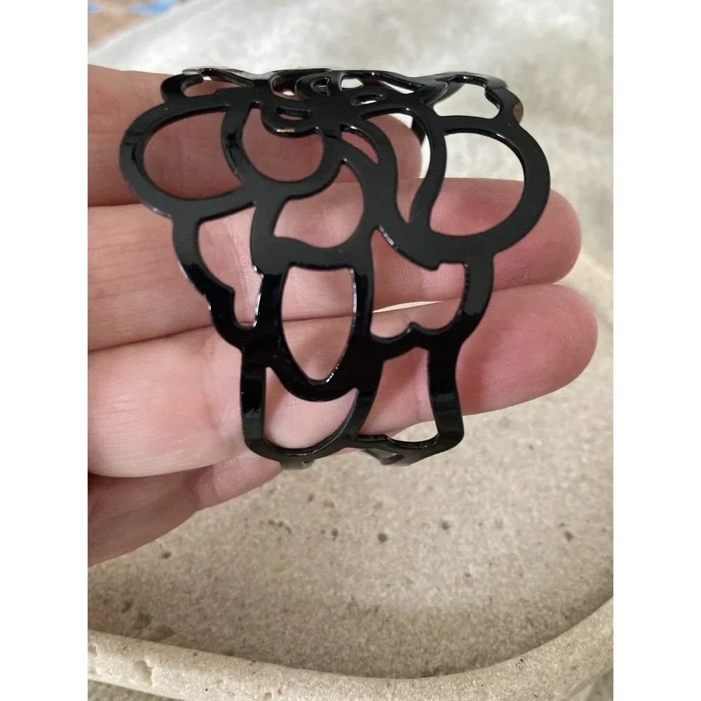 Black Openwork Flower Cuff Bracelet Glossy Floral Wide Statement Bangle Gothic